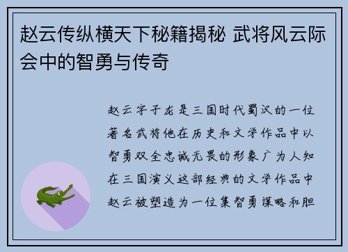 赵云传纵横天下秘籍揭秘 武将风云际会中的智勇与传奇